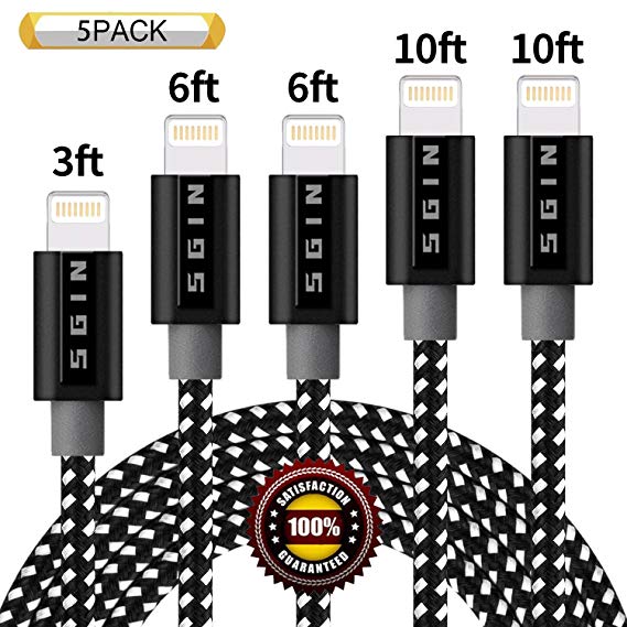 BULESK Phone Cable 5Pack 3FT 6FT 6FT 10FT 10FT Nylon Braided Phone Charger Cord Compatible with Phone Xs/XS Max/XR/X/Phone 8 8 Plus 7 7 Plus 6s 6s Plus 6 6 Plus Pad Pod Nano - Black White