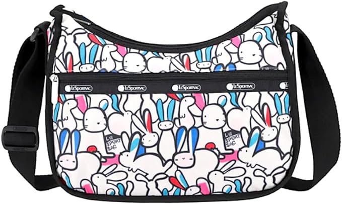 LeSportsac Playful Bunnies Classic Hobo Crossbody Bag   Cosmetic Bag, Style 7520/Color E804, Whimsical & Colorful Bunnies Frolic & Play, Abstract Style Black & White Bunny Artwork, Vivid Colors