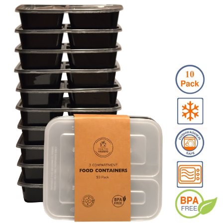 10-Pack 3 Compartment Reusable Food Storage Containers with Lids Microwave and Dishwasher Safe Bento Lunch Box Stackable