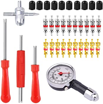 ZHSMS Valve Core Tool Set with Tire Pressure Gauge 20Pcs Valve Cores 10Pcs Tire Valve Caps 4-Way Valve Tool Dual Single Head Valve Core Remover Tire Repair Tool