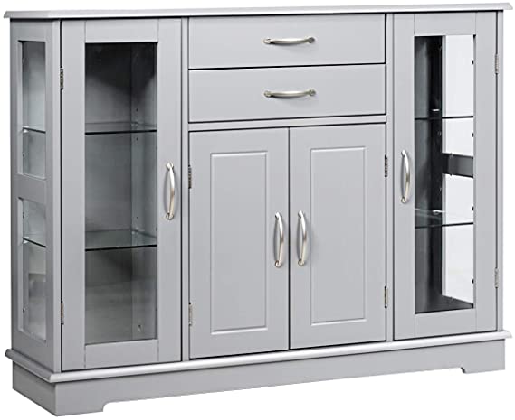 Giantex Sideboard Buffet Server Storage Cabinet W/ 2 Drawers, 3 Cabinets and Glass Doors for Kitchen Dining Room Furniture Cupboard Console Table (Gray)