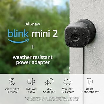 All-new Blink Mini 2   Weather Resistant Adapter — Plug-in smart security camera, HD night view in color, built-in spotlight, two-way audio, motion detection, Works with Alexa (Black)