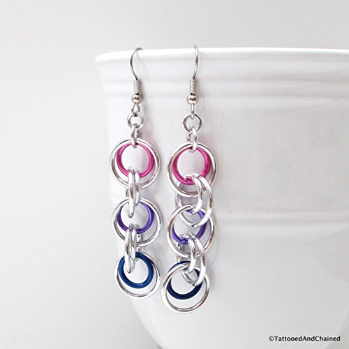 Bisexual pride chain earrings; pink, purple, blue chainmail jewelry
