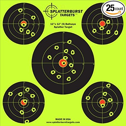 Splatterburst Targets - 12 x12 inch (5) Bullseye Reactive Shooting Target - Shots Burst Bright Fluorescent Yellow Upon Impact - Gun - Rifle - Pistol - AirSoft - BB Gun - Air Rifle