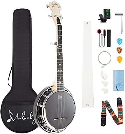 Mulucky 5 String Banjo MINI, 28 Inch Travel Banjo with Remo Head, Resonator and Geared 5th Tuner, Beginning Kit with Tuner Strap Wrench Picks Ruler - B803