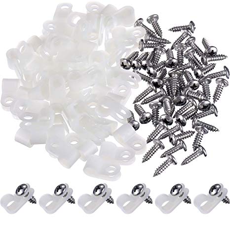 Hicarer 50 Pack R-Type Cable Clip Wire Clamp, Nylon Screw Mounting Cord Fastener Clips with 50 Pack Screws for Wire Management (1/4 Inch)
