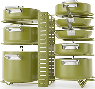 Pot Rack Organizers, G-TING 8 Tiers Pots and Pans Organizer for Kitchen Organization & Storage, Adjustable Pot Lid Holders & Pan Rack, Lid Organizer for Pots and Pans With 3 DIY Methods(Avocado Green)