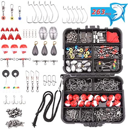 HAPYTHDA 263pcs Fishing Accessories Kit,Including Jig Hooks,Bullet Bass Casting Sinker Weights,Fishing Swivels, Bobbers,Sinker Slides,Fishing Set with Tackle Box,Fishing Gifts for Men