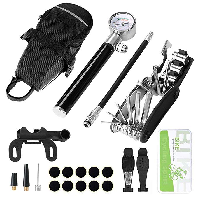 Odoland Bike Pump, Patch Tool, 210 PSI Bike Pump with Gauge, Fits Presta and Schrader Valve, Portable Bicycle Tire Pump with Complete Set of Bike Repair Kit and Black Work Bag