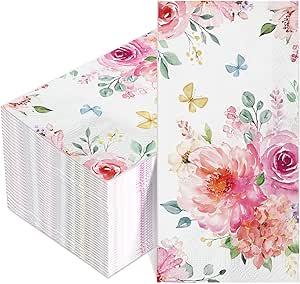 100 Pcs Floral Napkins 3 Ply Flower Dinner Paper Guest Napkins Flowers Disposable Paper Napkins Bathroom Hand Towels for Spring Birthday Baby Shower Wedding Holiday Party (4 x 8 Inch)