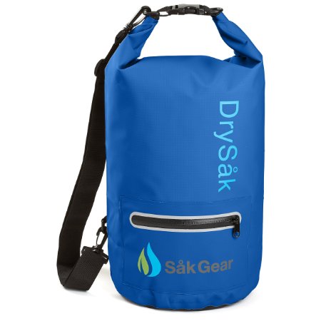 DrySak Premium Waterproof Dry Bag with Exterior Zip Pocket | Keeps Gear Safe & Dry During Watersports & Outdoor Activities | Rugged 500D PVC with Shoulder Strap & Reflective Trim | 10L & 20L Sizes by Sak Gear