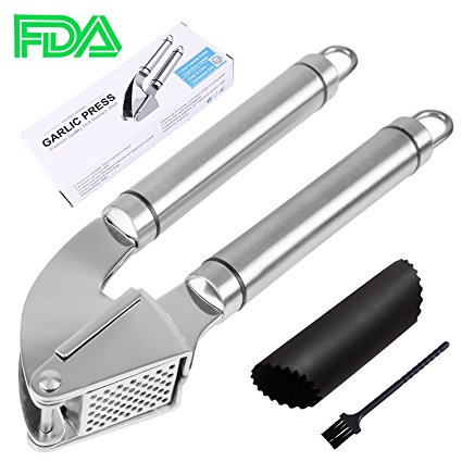Garlic Press Stainless Steel Professional Garlic Press with Garlic Peeler Silicone Tube Roller and Cleaning Brush Bonus, Garlic Crusher/Mincer/Chopper - Large Capacity, Easy Squeeze