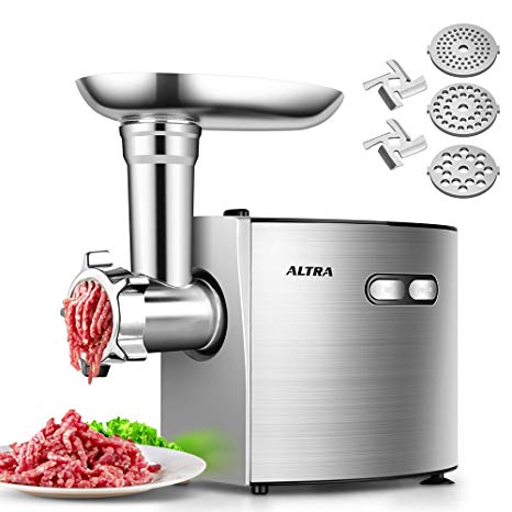 ALTRA Electric Meat Grinder, Stainless Steel Meat Mincer & Sausage Stuffer,【2000W Max】ETL Approved with 3 Grinding Plates, 2 Blades, Sausage & Kubbe Kit, Kitchenaid & Commercial Use, Silver