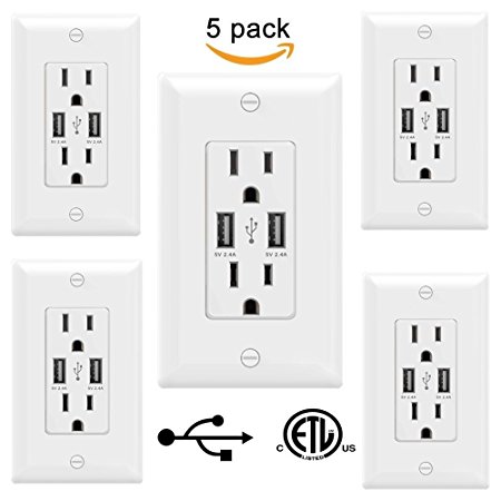 [5 Pack] USB Wall Outlet, WEBANG 2.4 A/5V Dual USB Wall Socket Smart High Speed USB Charger Electrical Outlet 15Amp/125V Receptacle Wall Plate with Screw