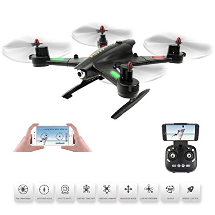 Quadcopter Drone with FPV Camera Live Video - Headless Mode & One Key Return & Altitude Hold - 3D Flips & Rolls - WiFi App & Remote Control - 2.4G 4CH 6 Axis Foldable RTF Helicopter, Black