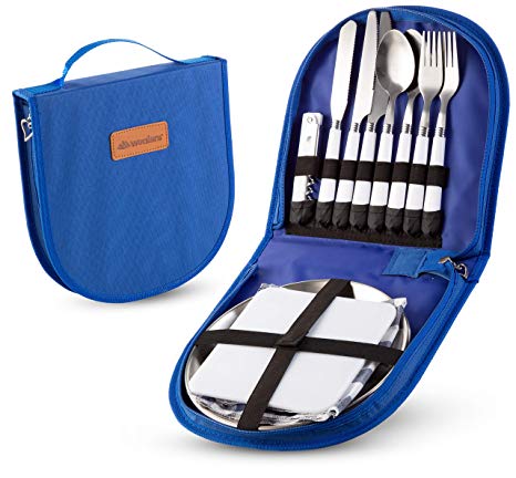 Camping Silverware Kit Cutlery Organizer Utensil Picnic Set - 12 Piece Mess Kit For 2 - Stainless Steel Plate Spoon Butter and Serrated Knife Wine Opener Fork Napkin Hiking - Camp Kitchen BBQ’s Travel
