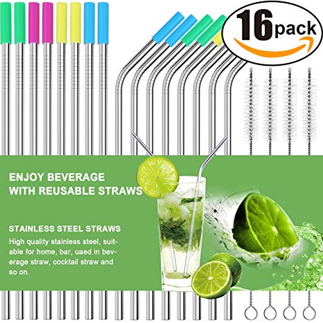 Set of 16 Stainless Steel Straws Ultra Long 10.5 Inch Drinking Metal Straws For Tumblers Rumblers Cold Beverage (8 Straight|8 Bent|4 Brushes)