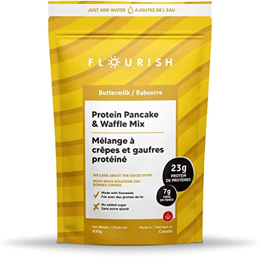 Flourish Buttermilk Protein Pancake & Waffle Mix | Fortified with Flax Seed and Whey Protein Isolate | Non-GMO, No Added Sugar, Superfood | High Protein & Fibre | Just Add Water | 430g
