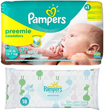 Diaper / Baby Wipe Travel Pack | Includes Pampers Swaddlers Preemie (27 count) and Sensitive Wipes Resealable Container (18 count)