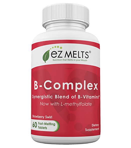 EZ Melts B-Complex, Dissolving Vitamins, Zero Sugar, Natural Strawberry Flavor, 60 Fast Melting Tablets, B-Vitamin Supplement