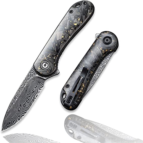 CIVIVI Elementum Folding Pocket Knife for Men, 2.96" Damascus Blade Folder with Low Profile Pocket Clip for EDC C907C-DS1