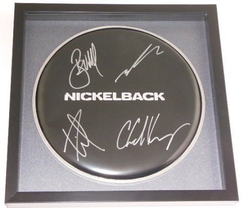 Nickelback No Fixed Address Group Signed Autographed Ebony Drum Skin Drumhead Framed Loa