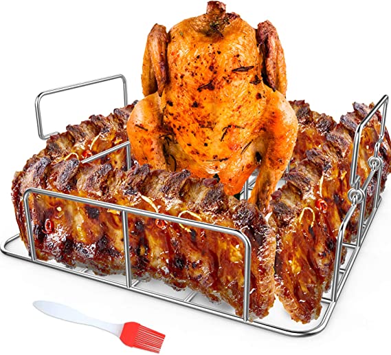 RUSFOL Beercan Chicken Roaster and Rib Rack with a Silicone Oil Brush, Square Stainless Steel BBQ Stand for Smoker,Oven and Grill, Cook Up to 4 Ribs and a Whole Chicken at a time