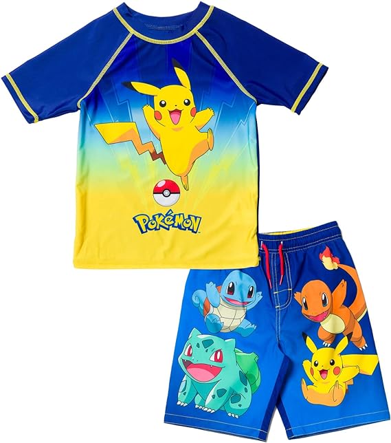 Pokemon Bulbasaur Charmander Squirtle Pikachu Pullover Rash Guard and Swim Trunks Outfit Set Toddler to Big Kid