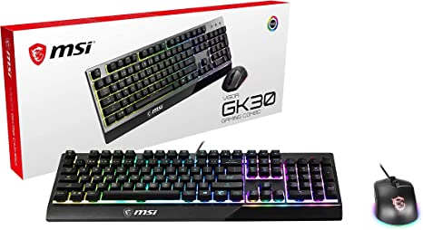 MSI VIGOR GK30 COMBO Gaming Keyboard (UK Layout)   Gaming Mouse Bundle - Mech-Membrane Switches, 6-Zone RGB Lighting Keyboard, Dual-Zone RGB Lighting Mouse, 5000 DPI Optical Sensor, Symmetrical