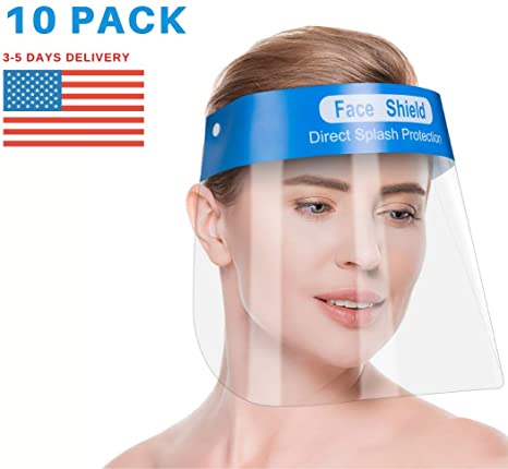 Safety Face Shield 10 Pack, All-Round Protection Cap with 0.3mm Ultra Thick Clear Film,Double Side Anti-Fog Splash and Saliva with Adjustable Elastic Band and Comfort Sponge