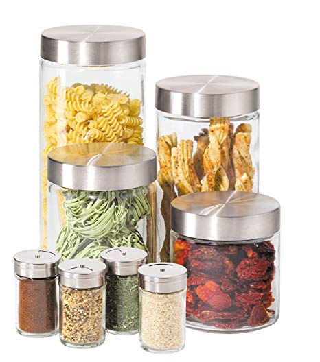 Oggi 8 Piece Round Airtight Glass Canister and Spice Jar Set with Stainless Steel Lids