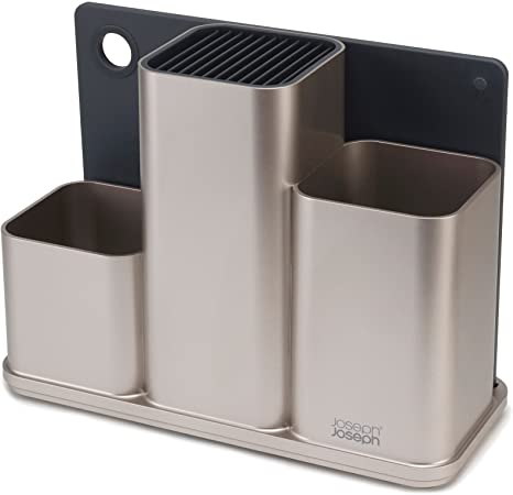 Joseph Joseph CounterStore Kitchen Utensil Holder Knife Block and Cutting Board Set, Silver