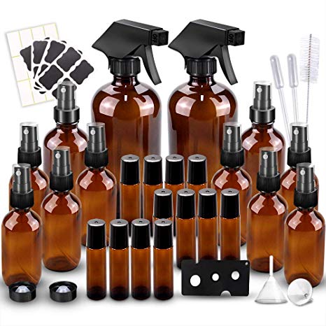 Glass Spray Bottles Kits, BonyTek Empty 12 10 ml Roller Bottles, 12 Amber Essential Oil Bottle(216oz,24oz,82oz) with Labels for Aromatherapy Cleaning Products