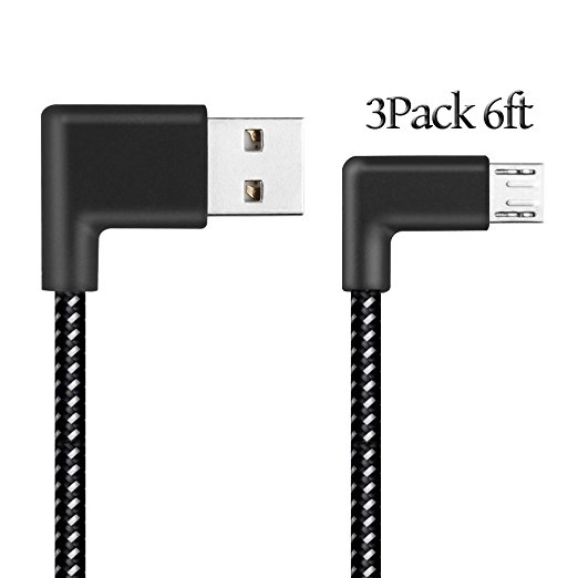 AOFU Micro USB Cable,3Pack 6FT Long Nylon Braided High Speed Android Charger USB to Micro USB Cable Samsung Fast Right Angle Charging Cord for Samsung Galaxy S7 Edge/S6/S4/Note 5/Note 4 (Black)