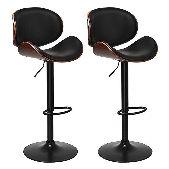 COSTWAY Set of 2 Bar Stools, Adjustable Swivel Barstools with Back, 360 Degree Seat, PU Leather and Curved Footrest, Dining Chairs w/Large Iron Base for Kitchen, Counter, Bar, Black