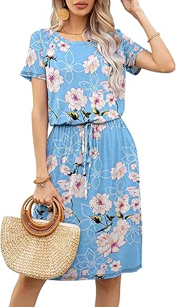 levaca Women's Casual Hide Belly Drawstring Knee Length Dress