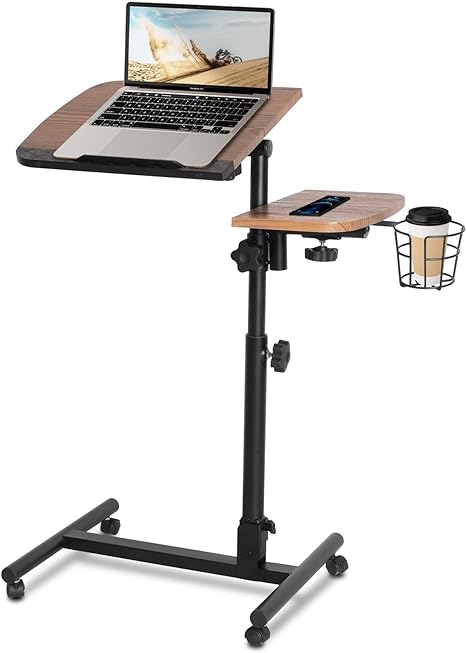 LUCKYERMORE Rolling Laptop Desk Cart, Mobile End Table Height Adjustable Bedside Table Laptop Rolling Cart, Small Mobile Laptop Desk Cart with Cup Holder & Lockable Wheels for Home Office & School