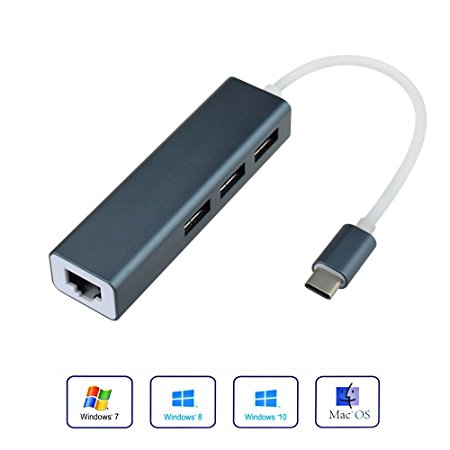 Usb-C Adapter, ProCIV USB to Ethernet Adapter Type-C to 3-Port USB 3.0 Hub with 10/100/1000 Gigabit Ethernet Adapter for MacBook USB Type-C Devices (not for MacBook Pro 15 inches, not for 2016 Mac Pro) (Gun Ethernet USB 3.0)