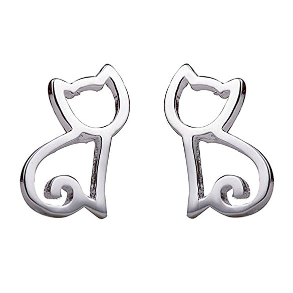 Julie's Jewelry S925 Sterling Silver Cat Earrings Hollow Out Cat Stud Earrings