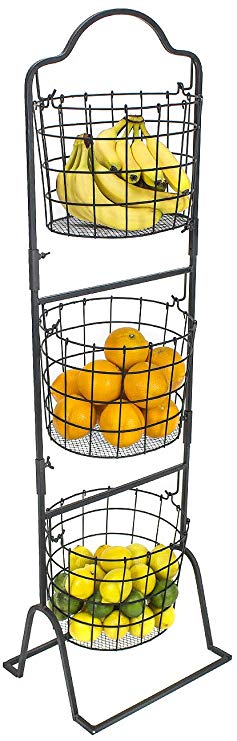 Sorbus 3-Tier Wire Market Basket Stand for Fruit, Vegetables, Toiletries, Household Items, and More, Stylish Tiered Serving Stand Baskets for Kitchen, Bathroom Storage Organization (Black)