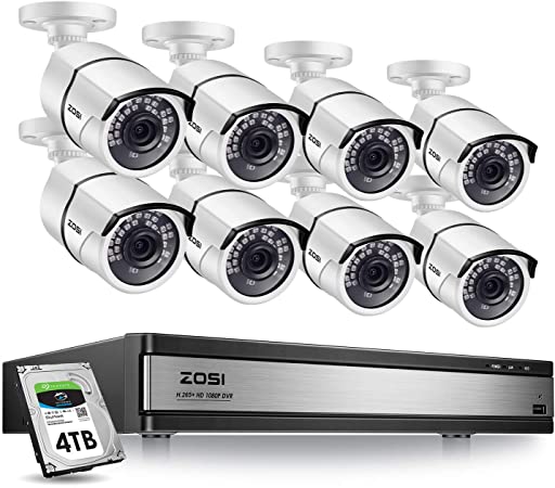 ZOSI H.265  1080p Security Camera System 16 Channel, Hybrid DVR with Hard Drive 4TB and 8 x 1080p CCTV Bullet Camera Outdoor/Indoor with 100ft Long Night Vision and 105°Wide Angle,Remote Access