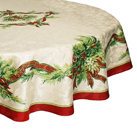 Benson Mills Christmas Ribbons Engineered Printed Fabric Tablecloth, 70 Inch Round