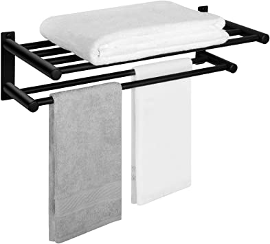 DELAM Bathroom Towel Rack Shelf with Double Towel Bars, Lavatory Bath Towel Rack SUS 304 Stainless Steel Wall Mount Towel Holder Matte Black Finish