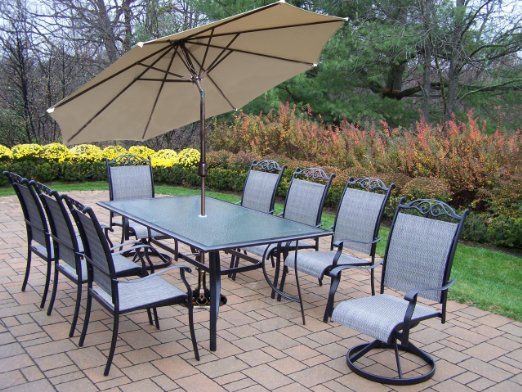Oakland Living Cascade 9-Piece Dining Set with 72 by 42-Inch Table, 6 Stackable Chairs, 2 Swivel Rockers, 9-Feet Tilt and Crank Umbrella and Stand