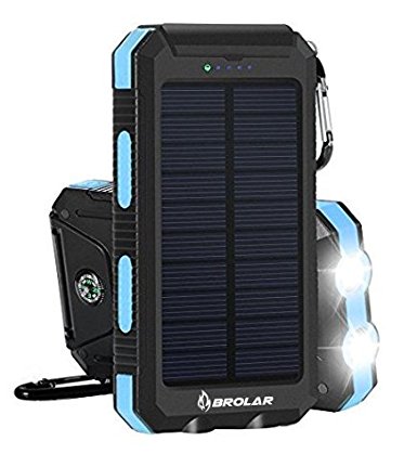 Solar Charger, BROLAR Solar Power Bank 10000mAh with 2LED Light Carabiner Compass External Backup Battery Pack Dual USB Solar Panel Charger Portable for Emergency Camping Travel Outdoor