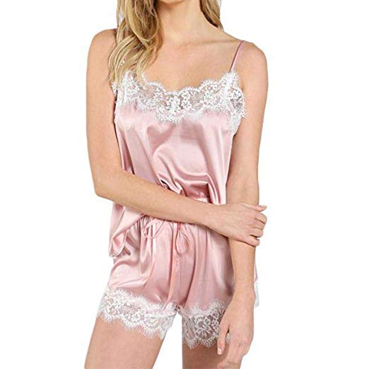 NREALY PJ Women's Sleepwear Sleeveless Strap Nightwear Lace Trim Satin Cami Top Pajama Sets