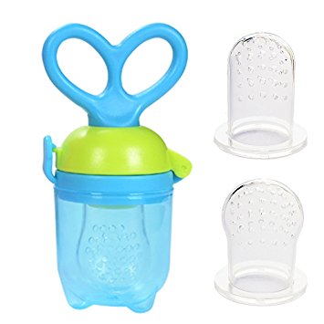 PAMBO Baby Food Feeder-Infant Solid Fruit Feeder & Veggie Feeding-Teether & Soother-Teeth Pain Relief- Unique Rotating Handle-3 Size Nipples (Blue)