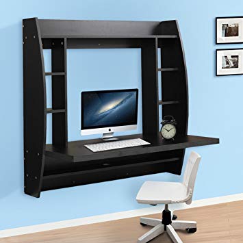 JAXPETY Wall Mounted Floating Computer Desk With Storage Shelves Home Work Station in Black