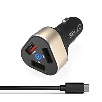 Elzo Quick Charge 3.0 42W USB Car Charger Fast Charger 3 Ports (One Quick Charge 3.0 Port and 2 Smart Ports) With A 3.3ft Rapid Quick Charge Micro USB Cable For Samsung Galaxy/Note, LG Flex2/V10/G4, Nexus 6, Motorola Droid/X (Black&Gold, 3 Ports)