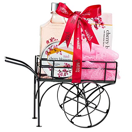 Deluxe Cherry Blossom Bath Body & Spa Set for Women in an Elegant Reusable Wheelbarrow: Shower Gel, Bath Salts, Body Cream Lotion and Bath Puff with Shea Butter & Vitamin E Relaxation Spa Gift Basket